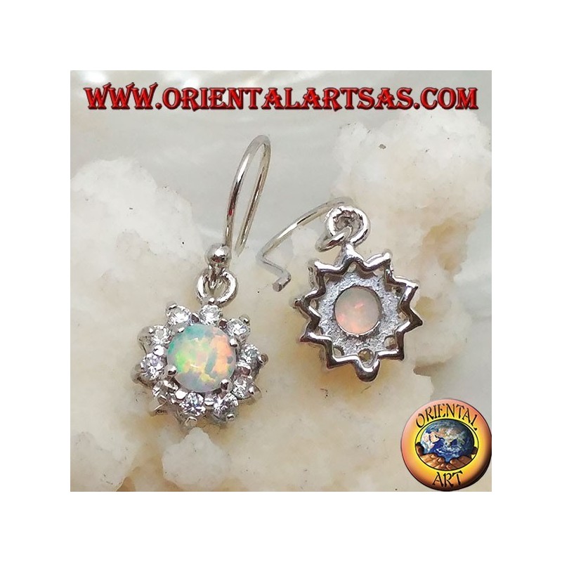 Silver pendant earrings with round harlequin opal surrounded by cubic zirconia (small)