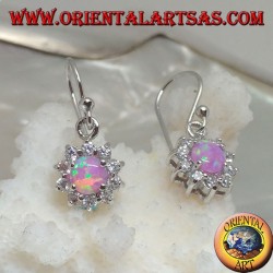 Silberohrringe Anhänger mit rundem rosa Opal, umgeben von Zirkonen (klein)