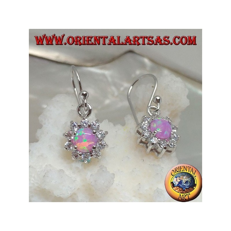 Boucles d'oreilles pendantes en argent avec opale rose ronde serties de zircon cubique (petit)
