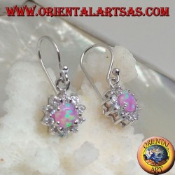 Silver pendant earrings with round pink opal set surrounded by cubic zirconia (small)