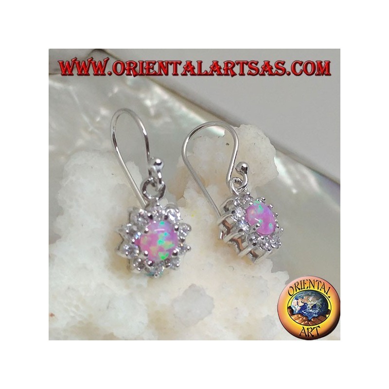 Silver pendant earrings with round pink opal set surrounded by cubic zirconia (small)