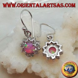 Silberohrringe Anhänger mit rundem rosa Opal, umgeben von Zirkonen (klein)
