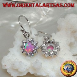 Silberohrringe Anhänger mit rundem rosa Opal, umgeben von Zirkonen (klein)