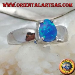 Silver ring with oval blue opal set and bow setting