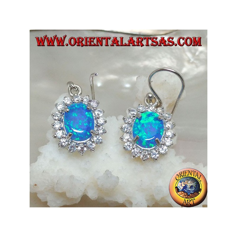 Silver earrings with oval blue fire opal set surrounded by cubic zirconia (large)