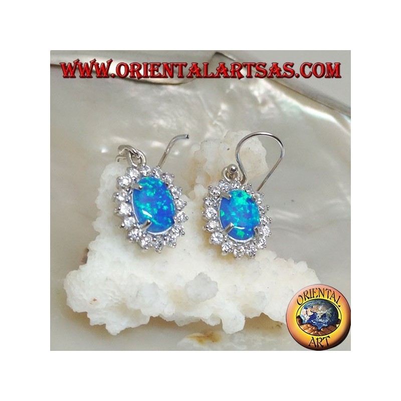 Silver earrings with oval blue fire opal set surrounded by cubic zirconia (large)