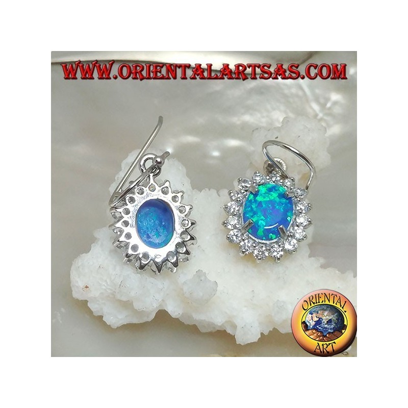 Silver earrings with oval blue fire opal set surrounded by cubic zirconia (large)