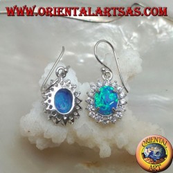 Silver earrings with oval blue fire opal set surrounded by cubic zirconia (large)