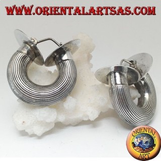 Wide circle striped silver earrings with cylindrical section and final discs