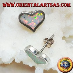 Silver lobe earrings with white opal in the shape of a wide heart and smooth frame
