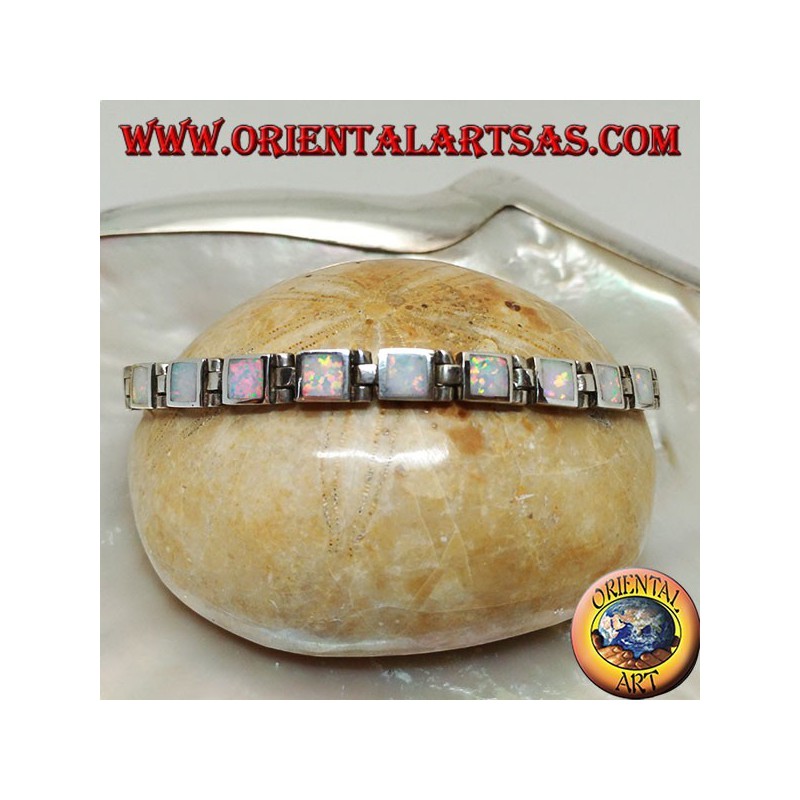 Bracciale in argento a maglia d'orologio con diciotto opali arlecchino quadrati