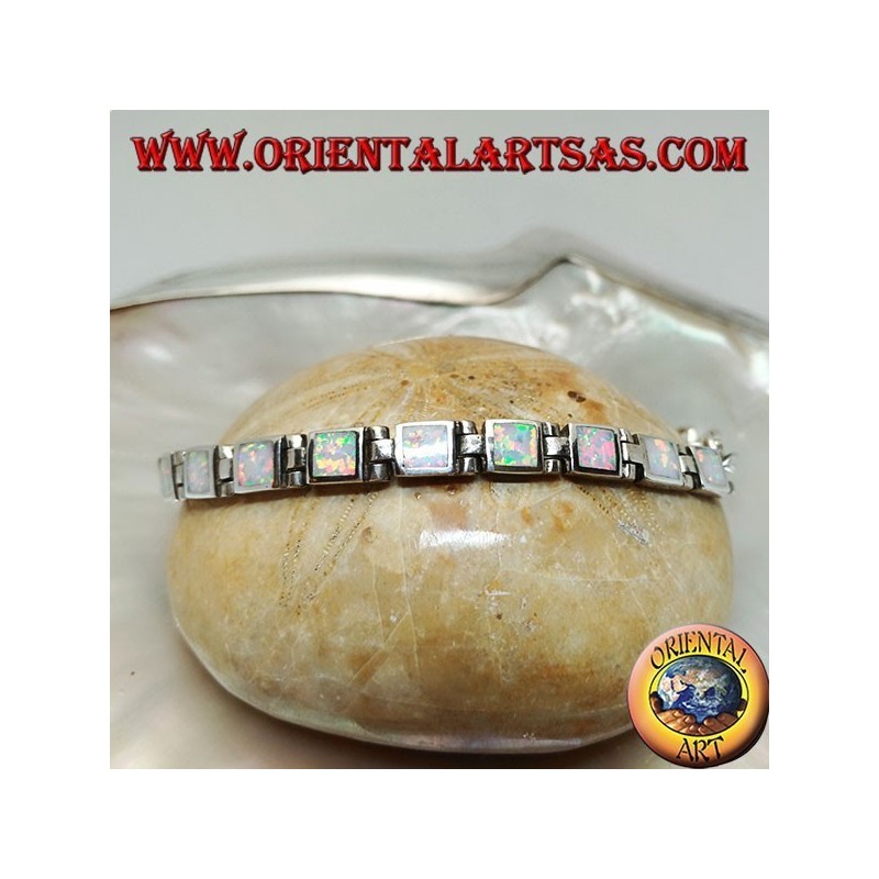 Silver watch bracelet with eighteen square harlequin opals