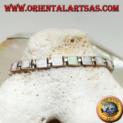 Silver watch bracelet with eighteen square harlequin opals