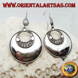 Large round disc silver earrings with concentric discs and three balls below