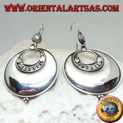 Large round disc silver earrings with concentric discs and three balls below