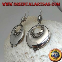 Large round disc silver earrings with concentric discs and three balls below
