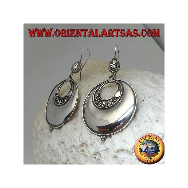 Large round disc silver earrings with concentric discs and three balls below