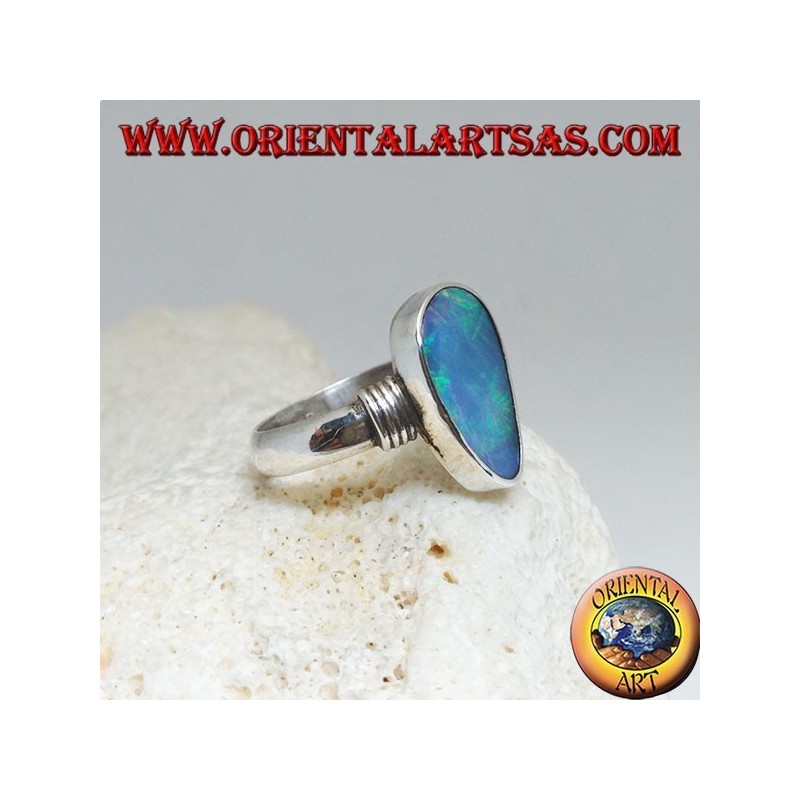 Silver ring with natural blue opal asymmetrical drop and stripes on the sides