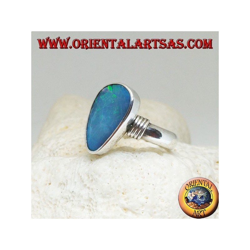 Silver ring with natural blue opal asymmetrical drop and stripes on the sides