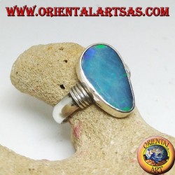 Silver ring with natural blue opal asymmetrical drop and stripes on the sides