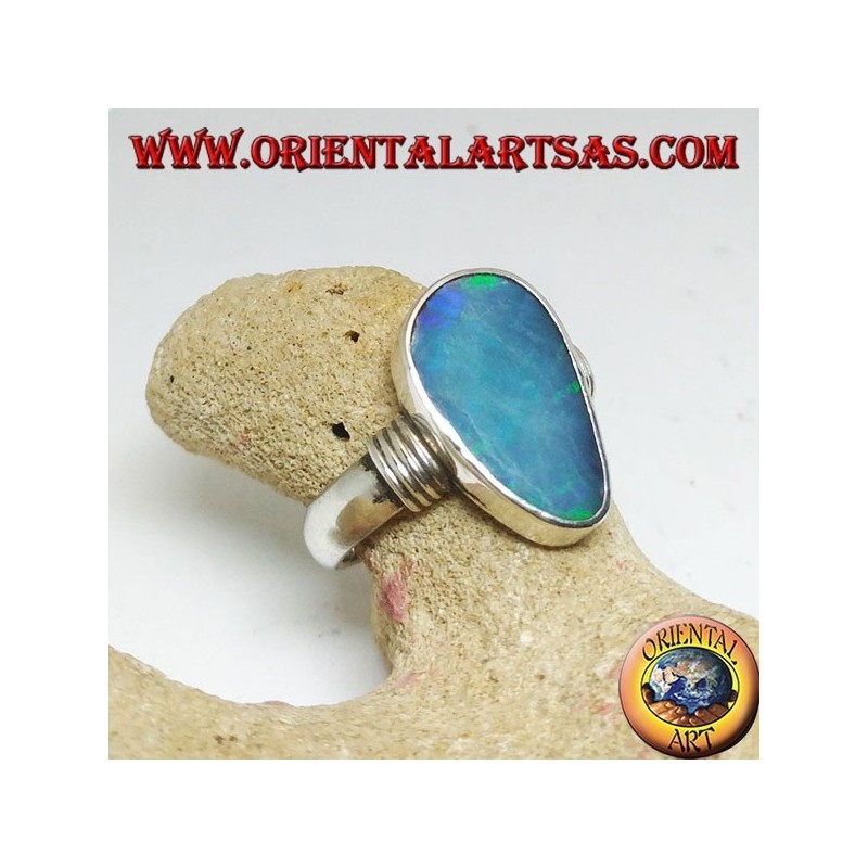 Silver ring with natural blue opal asymmetrical drop and stripes on the sides