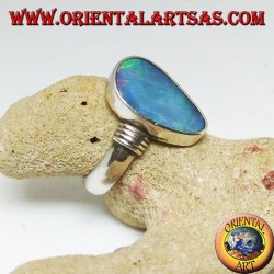 Silver ring with natural blue opal asymmetrical drop and stripes on the sides