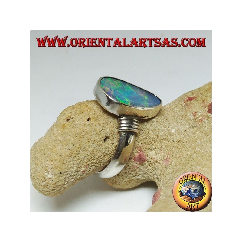 Silver ring with natural blue opal asymmetrical drop and stripes on the sides