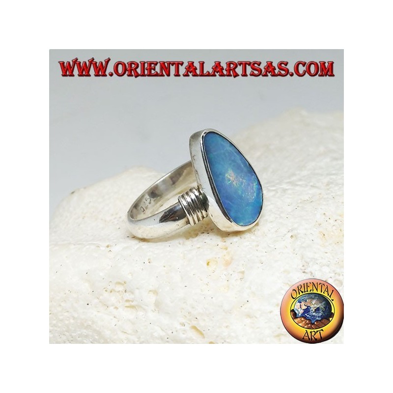 Silver ring with natural blue opal asymmetrical drop and stripes on the sides