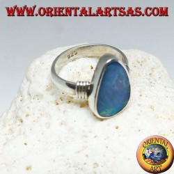 Silver ring with natural blue opal asymmetrical drop and stripes on the sides