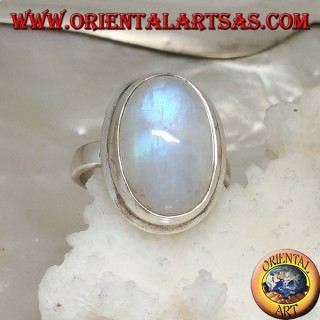 Silver ring with rainbow moonstone oval cabochon on simple frame with border