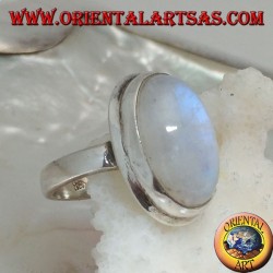 Silver ring with rainbow moonstone oval cabochon on simple frame with border