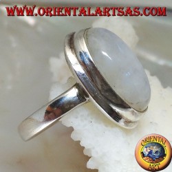 Anillo de plata con cabujón oval de piedra lunar del arco iris en marco simple con borde