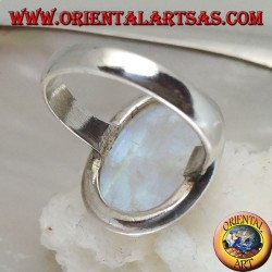 Silver ring with rainbow moonstone oval cabochon on simple frame with border