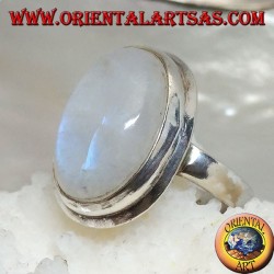 Anillo de plata con cabujón oval de piedra lunar del arco iris en marco simple con borde