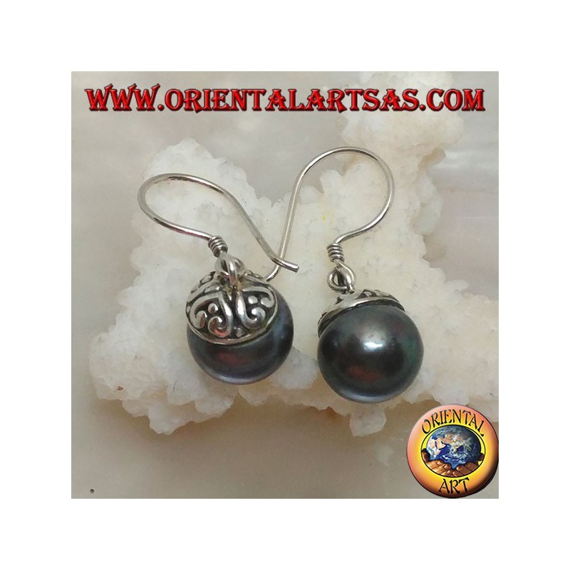 Silver earrings with gray freshwater pearl and ethnic decoration