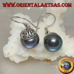 Silver earrings with gray freshwater pearl and ethnic decoration