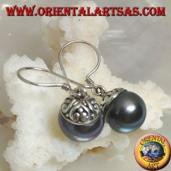 Silver earrings with gray freshwater pearl and ethnic decoration