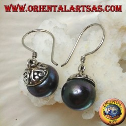 Silver earrings with gray freshwater pearl and ethnic decoration