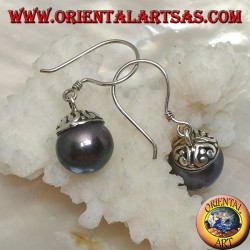 Silver earrings with gray freshwater pearl and ethnic decoration