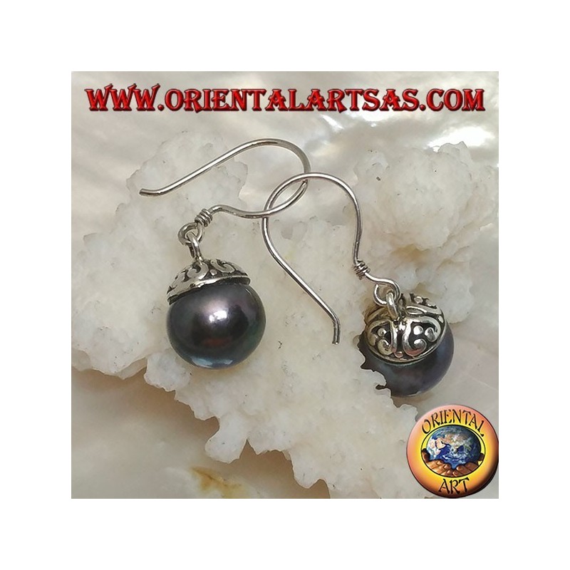 Silver earrings with gray freshwater pearl and ethnic decoration