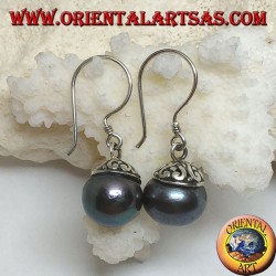 Silver earrings with gray freshwater pearl and ethnic decoration