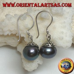 Silver earrings with gray freshwater pearl and ethnic decoration