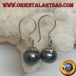Silver earrings with gray freshwater pearl and ethnic decoration