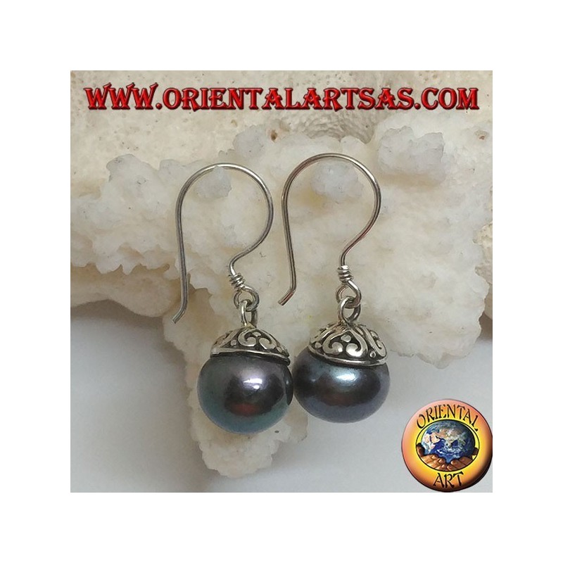 Silver earrings with gray freshwater pearl and ethnic decoration