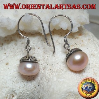 Silver earrings with pink freshwater pearl and ethnic decoration