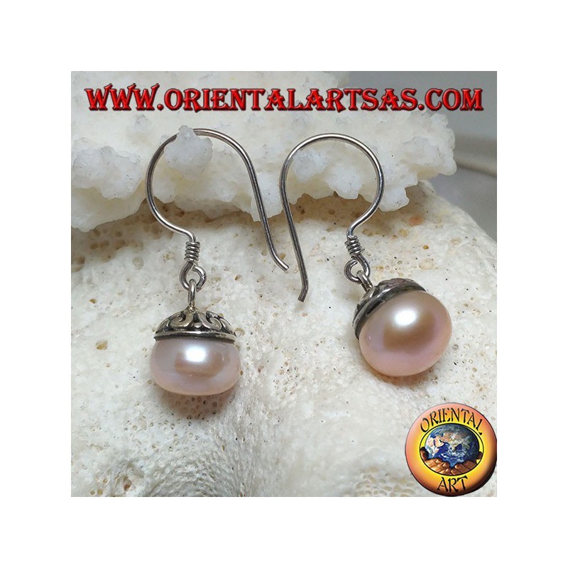Silver earrings with pink freshwater pearl and ethnic decoration