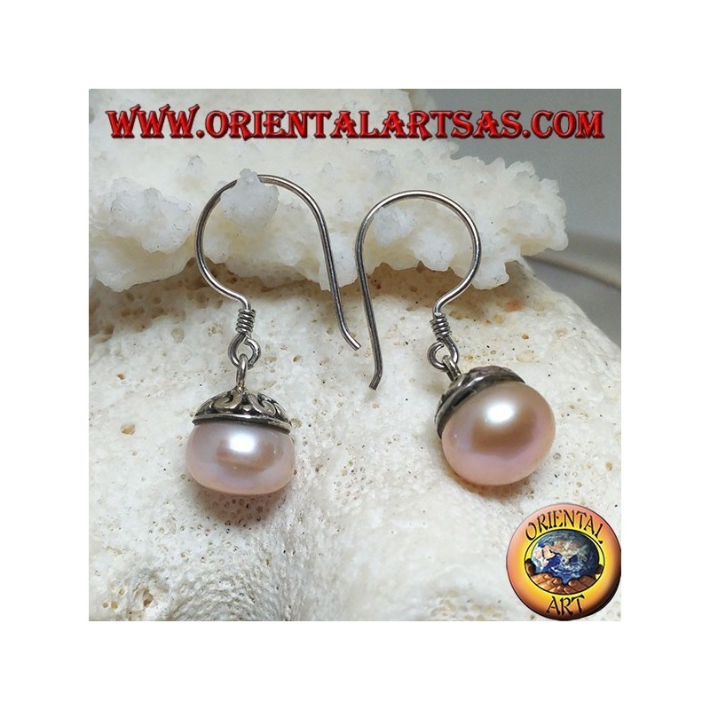 Boucles d'oreilles en argent avec perle d'eau douce rose et décoration ethnique