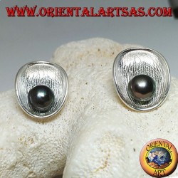 Silver lobe earrings with satin mother shell inside and gray freshwater pearl