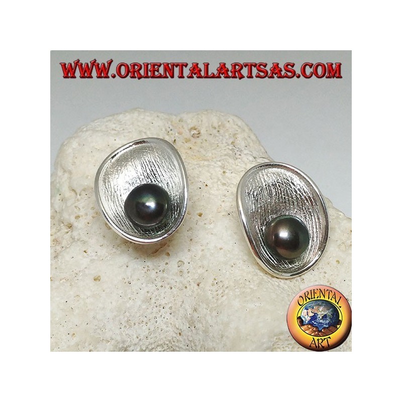 Silver lobe earrings with satin mother shell inside and gray freshwater pearl