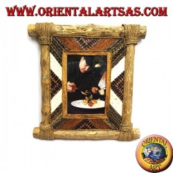 Cadre photo vertical en bois de café et décorations en écorce et éléments naturels de 28 x 28 cm